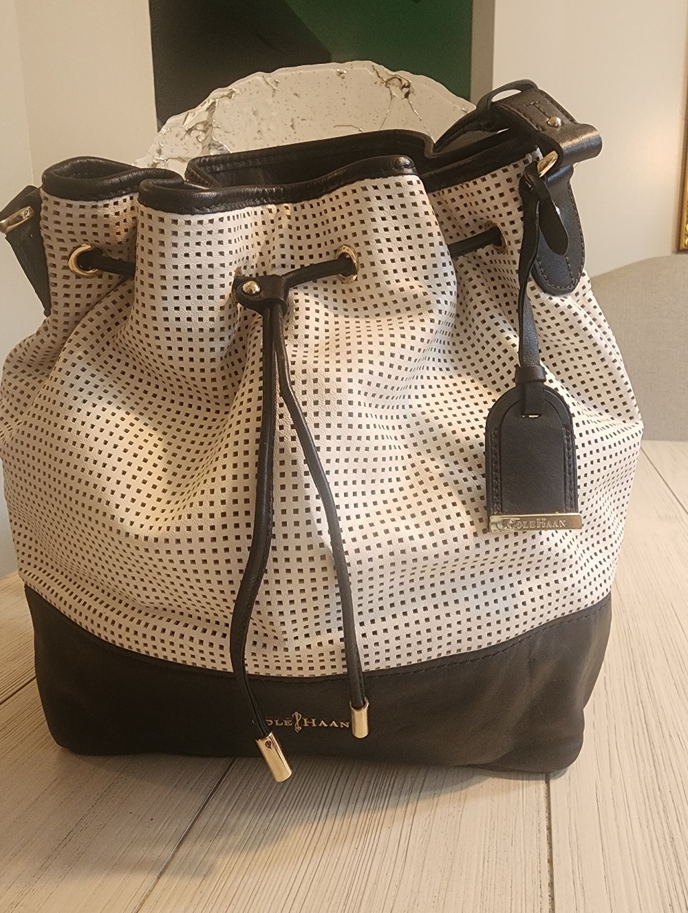 Cole Haan Black and White Perforated Drawstring Hobo